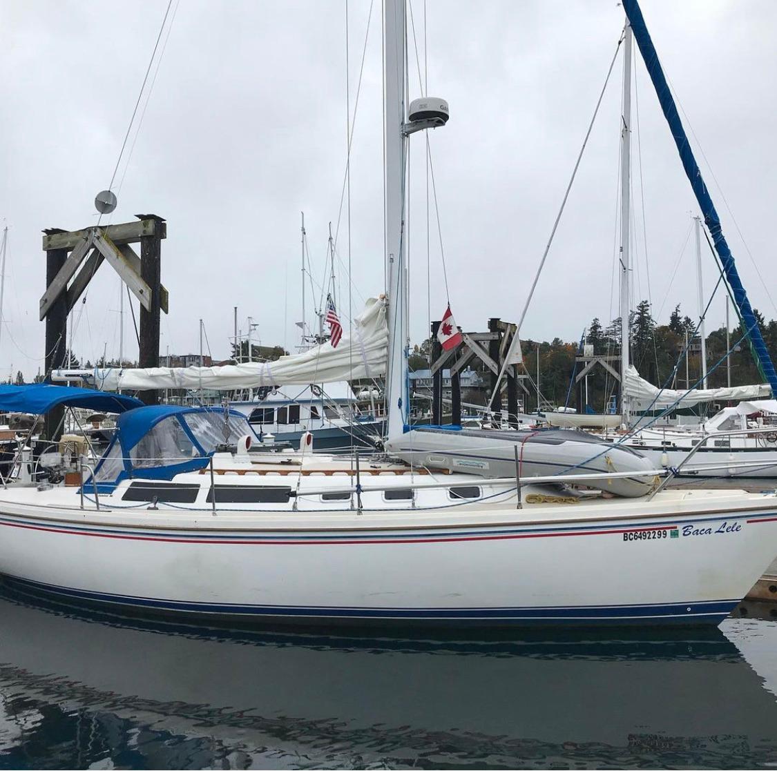 Sailboat docked at marina